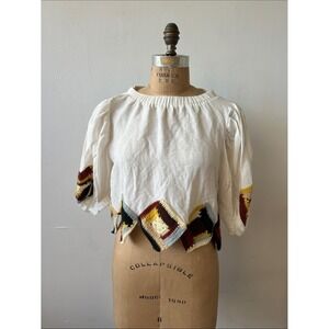 Sea New York White Linen Crochet Trim Puff Sleeve Open Back Tie Crop Top